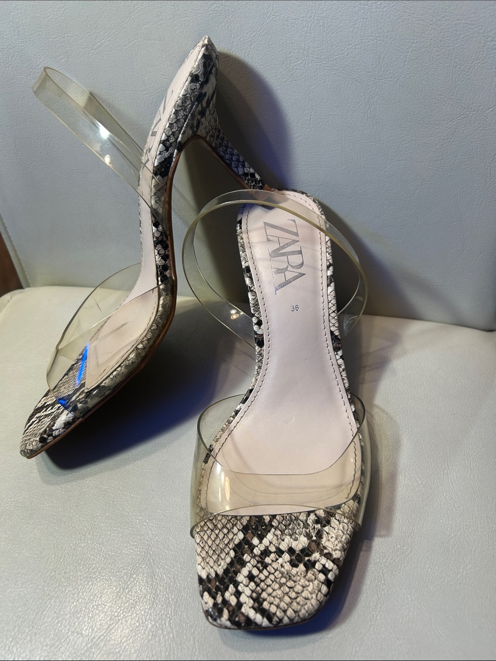 ZARA Clear Strap Snake-Print Women’s Heels — Cream/Tan | Size:EU 36 |3.5 heel